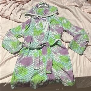 Kids mermaid scales terry cloth hooded crown robe S 6/7 Green Purple belt euc